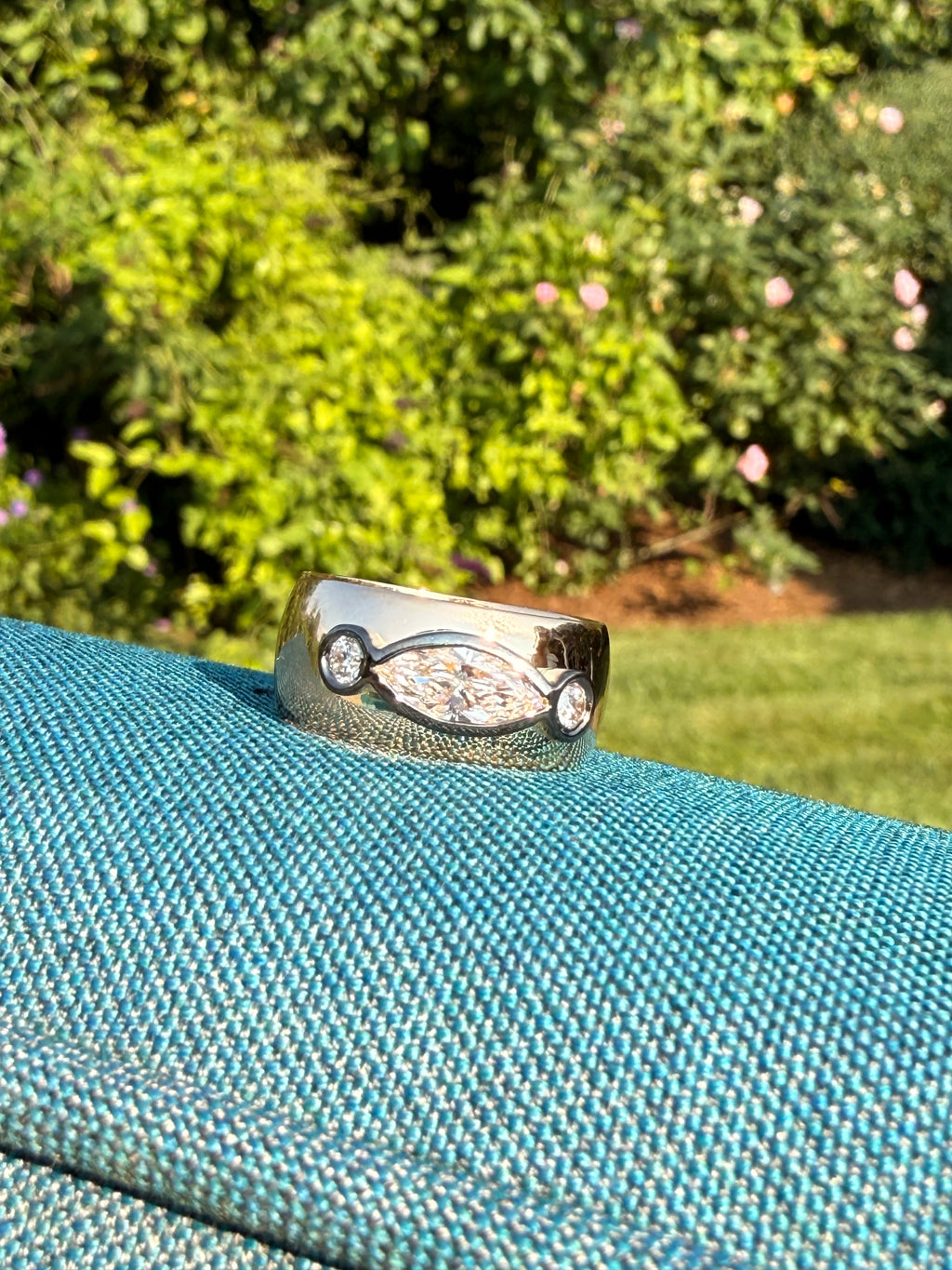 14k Cigar band with marquise diamond and 2 round diamonds