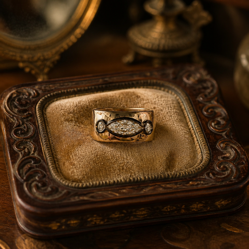 14k Cigar band with marquise diamond and 2 round diamonds